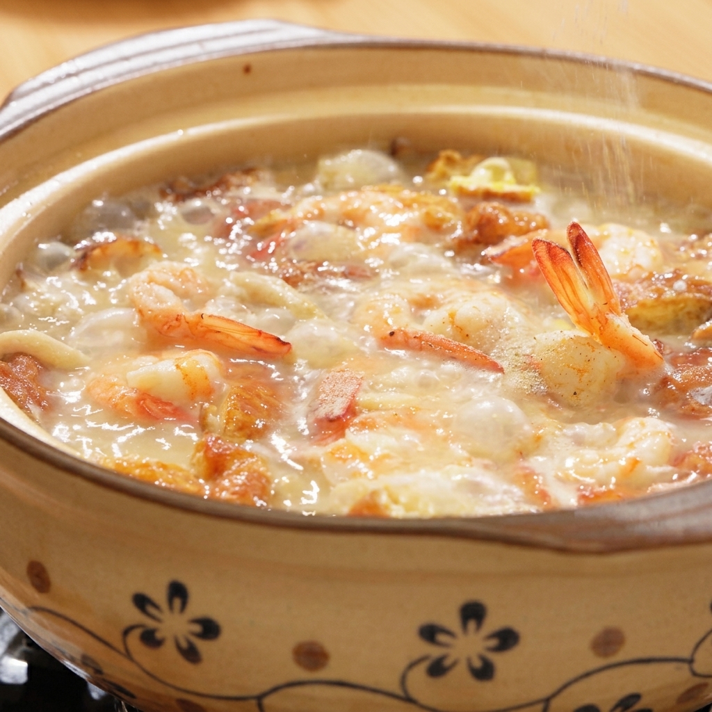Weißer Pfeffer und Salz werden in einen köchelnden Tontopf mit Suppe gestreut.