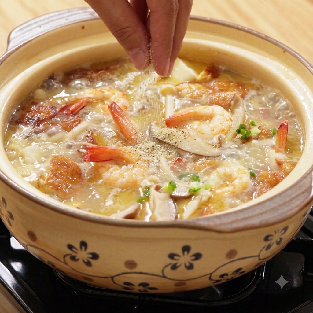Eine Hand streut weißen Pfeffer und Salz in einen blubbernden Tontopf mit Pilz- und Garnelensuppe.