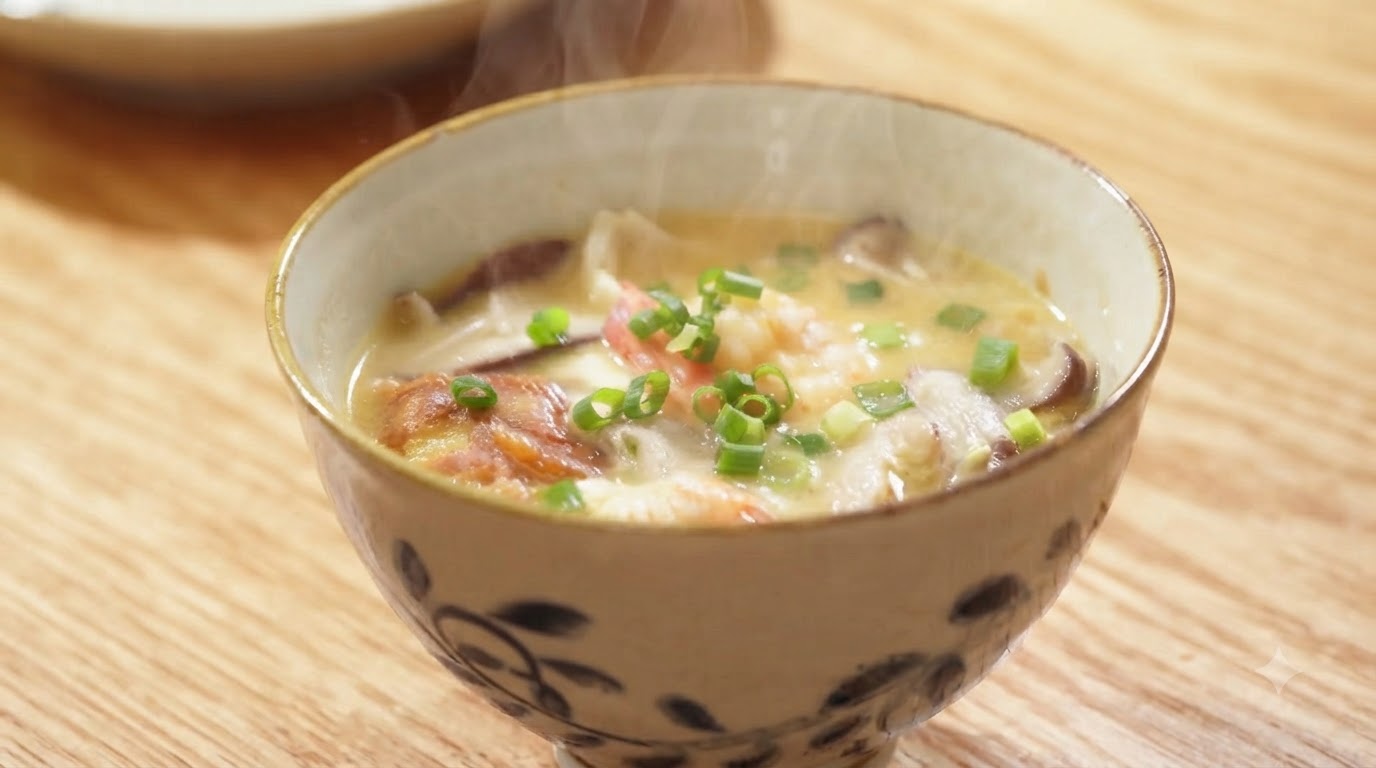 Milchweiße Drei-Frische-Pilz-und-Garnelen-Suppe