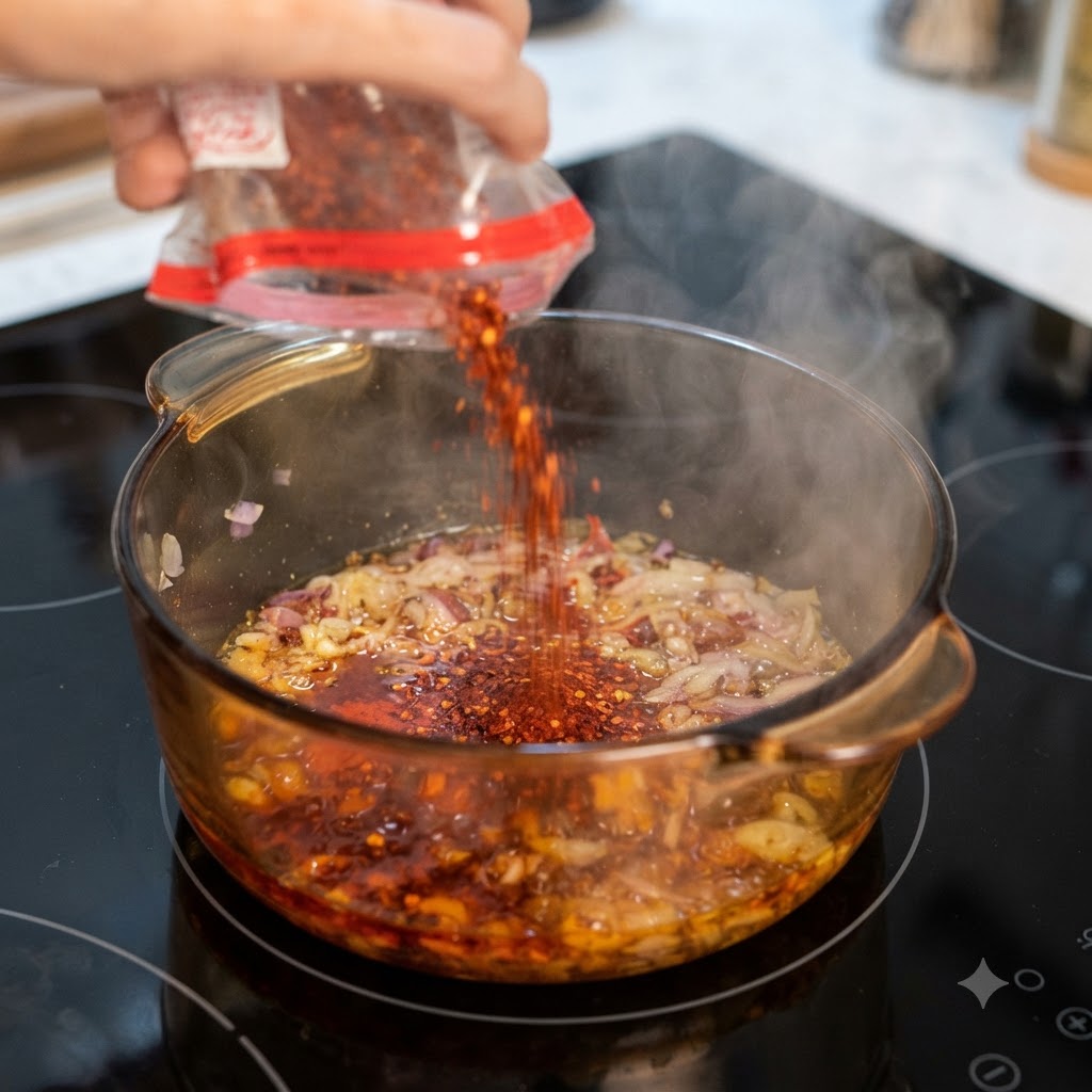 Grobes und feines Chilipulver wird aus einem Beutel in den Topf mit sautierten Zwiebeln gegeben.