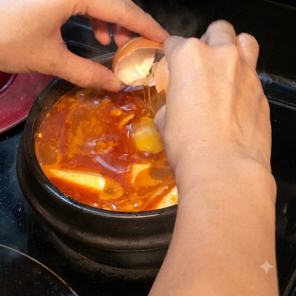 Ein Ei wird direkt in die Mitte der simmernden Tofusuppe geschlagen.
