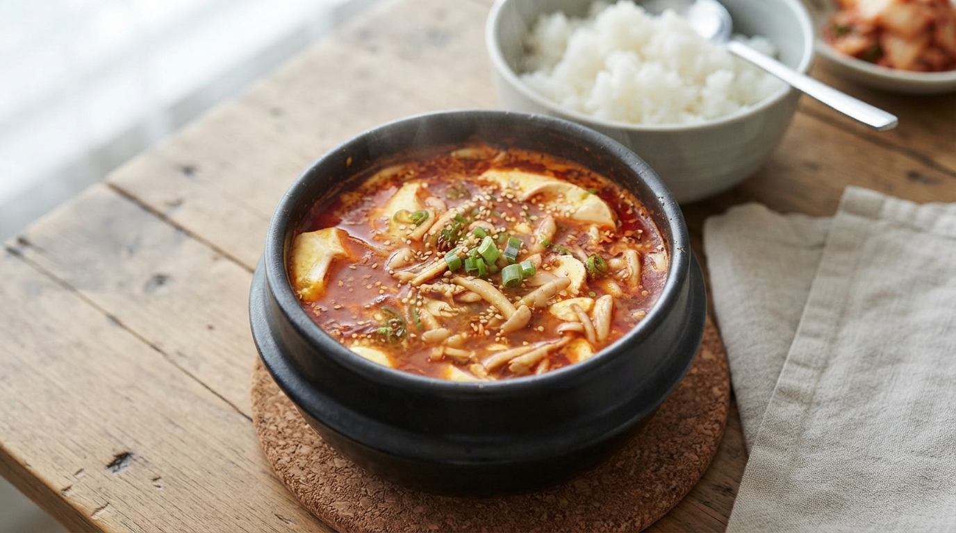 Koreanische scharfe weiche Tofu-Suppe (Sundubu-jjigae)