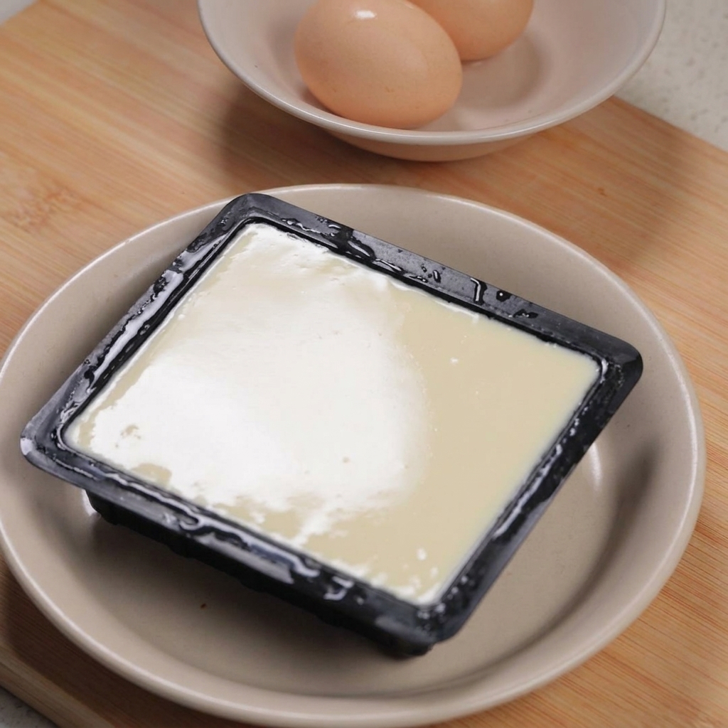 Eine Packung Seidentofu in einer Schüssel neben einer kleinen Schüssel mit zwei rohen Eiern auf einer Holzoberfläche.