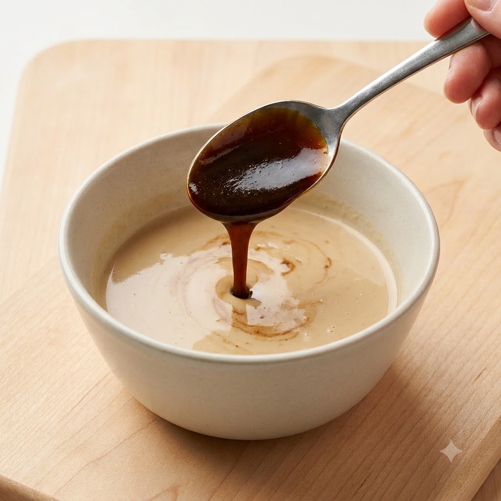Helle Sojasoße wird von einem Löffel in eine Schüssel mit beigefarbener Sesamsauce und schwarzem Pfeffer gegossen.
