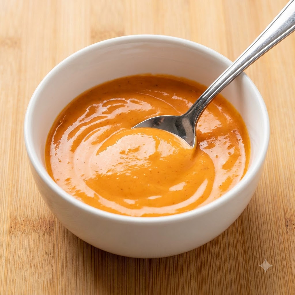 Ein Löffel rührt eine glatte, orange-beige Sesamsaucenmischung in einer weißen Schüssel um.