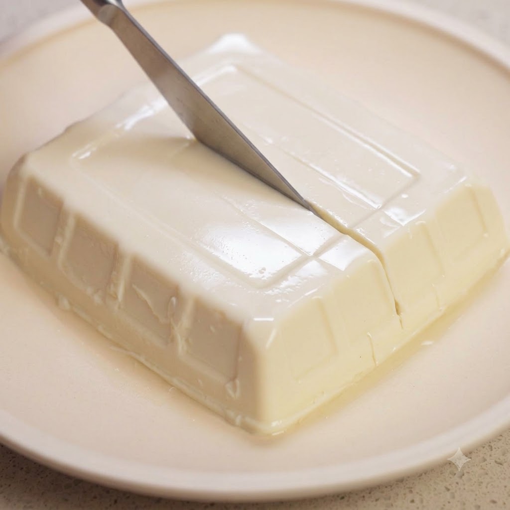 Ein Küchenmesser schneidet einen Block weißen Seidentofu in ordentliche Quadrate auf einem hellen Teller.