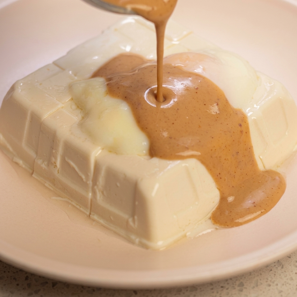 Sesamsoße wird von oben über ein wachsweiches Ei und Seidentofu gegossen.