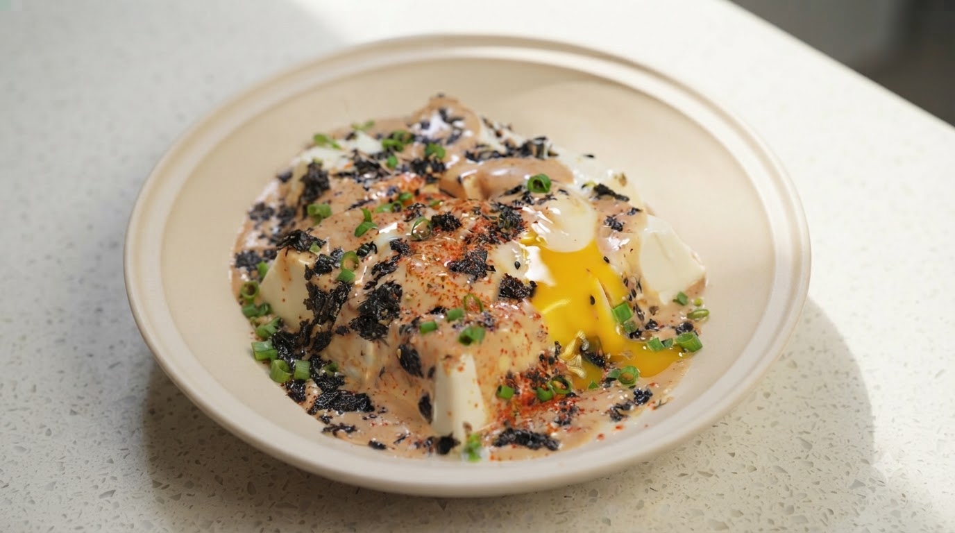 Seidentofu mit Sesamdressing und Onsen-Ei