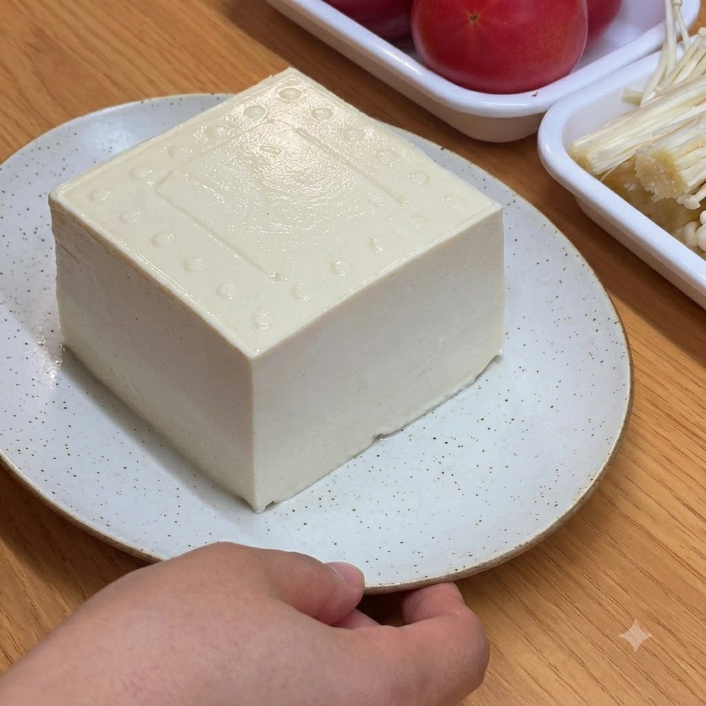 Ein Block frischer weißer Tofu auf einem weiß gesprenkelten Teller auf einer Holzoberfläche.