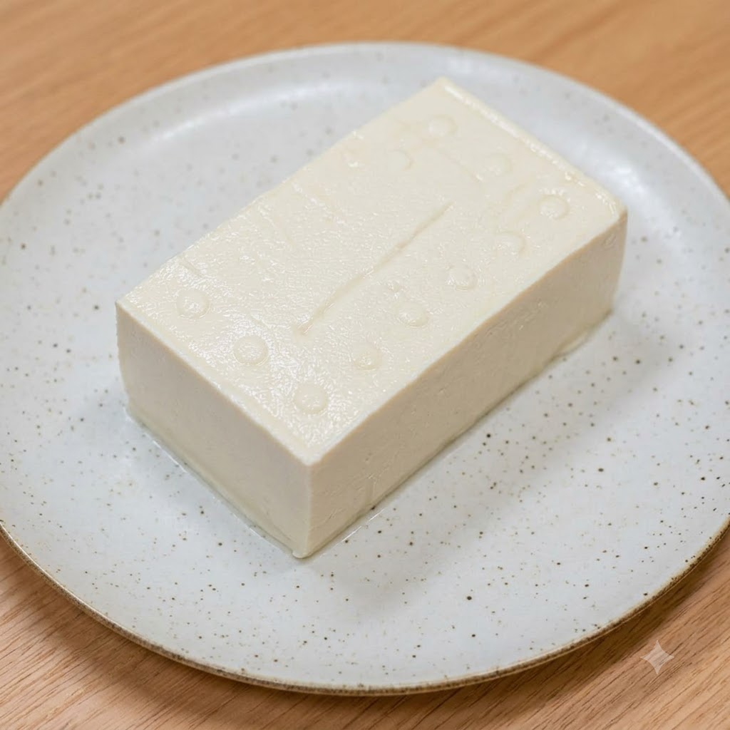 Ein Block frischer weißer Tofu auf einem weißen Keramikteller auf einer Holzoberfläche.