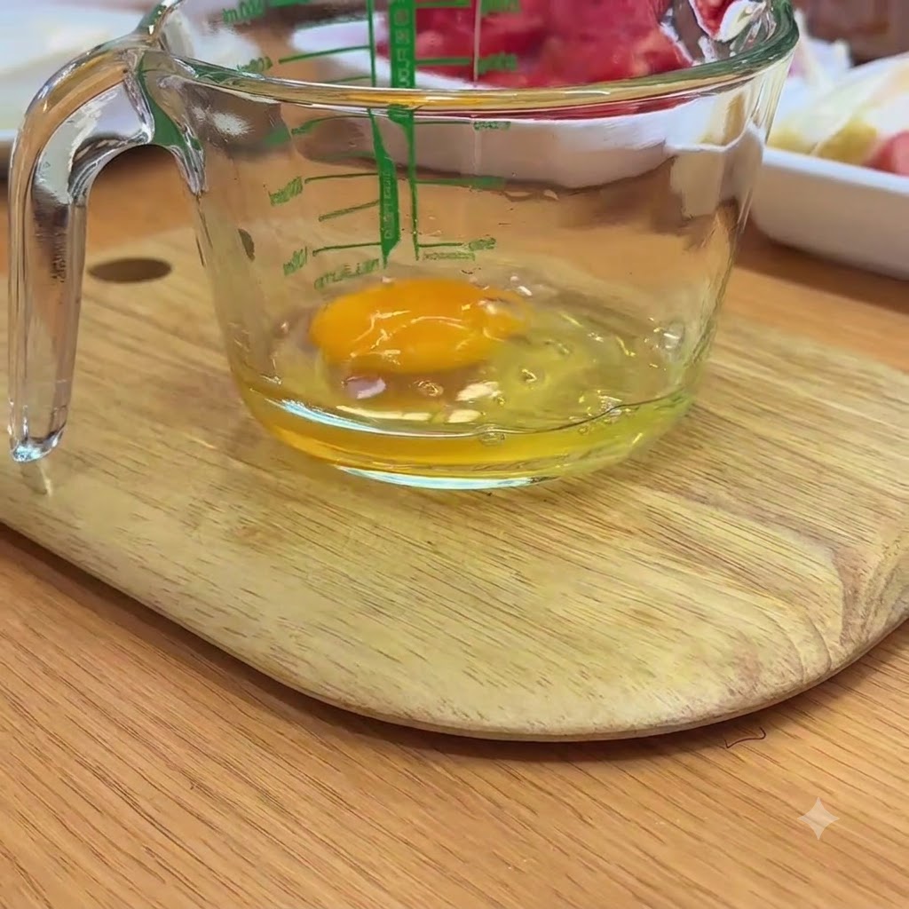 Ein aufgeschlagenes Ei in einem Glas-Messbecher auf einem Holzschneidebrett.