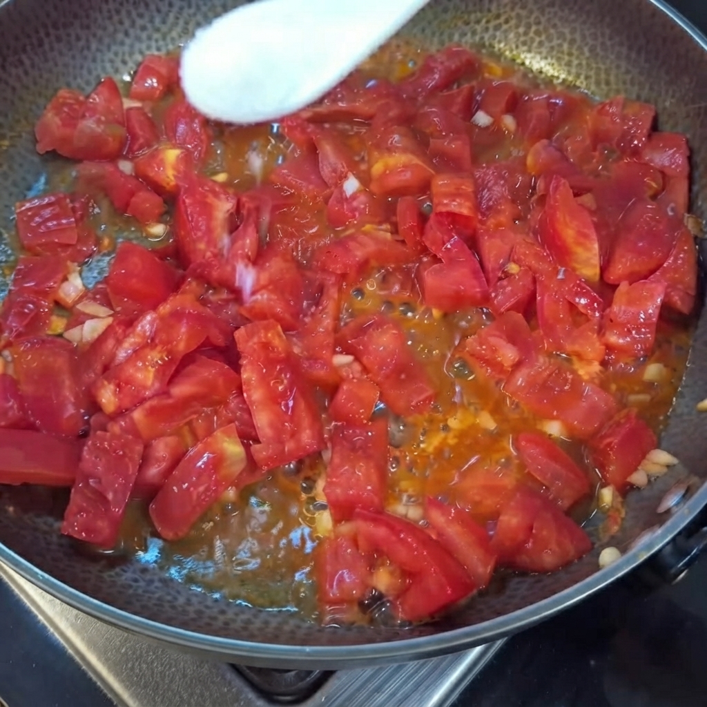 Ein weißer Löffel streut Salz über gehackte rote Tomaten, die in einer Pfanne kochen.