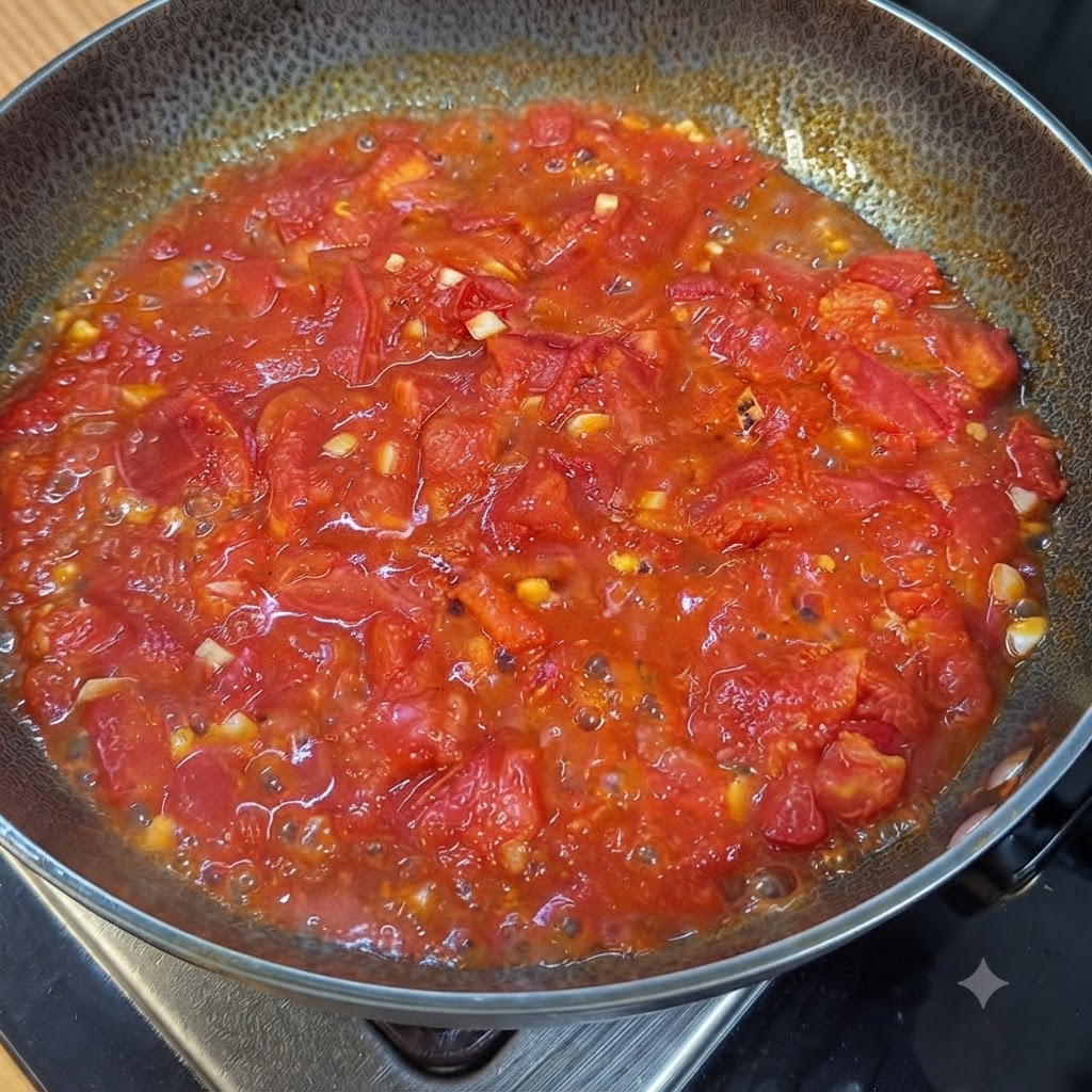 Gehackte Tomaten, die zu einer reichhaltigen, blubbernden roten Sauce in einer Pfanne eingekocht sind.