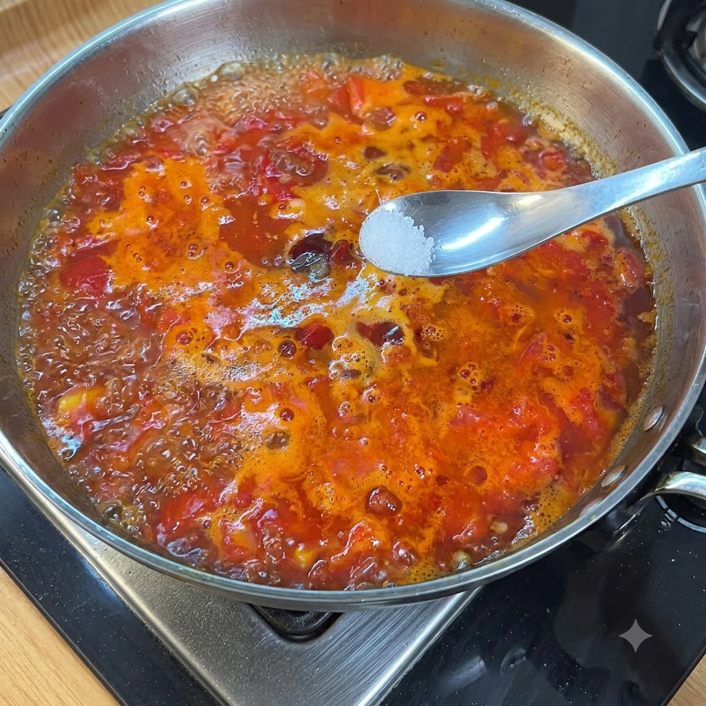 Ein Löffel hält Salz über eine köchelnde rote Tomatenbrühe in einer Metallpfanne.