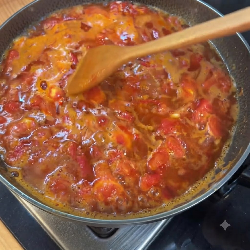 Ein Bund frischer Enoki-Pilze wird in einen köchelnden Topf mit Tomatenbrühe gegeben.