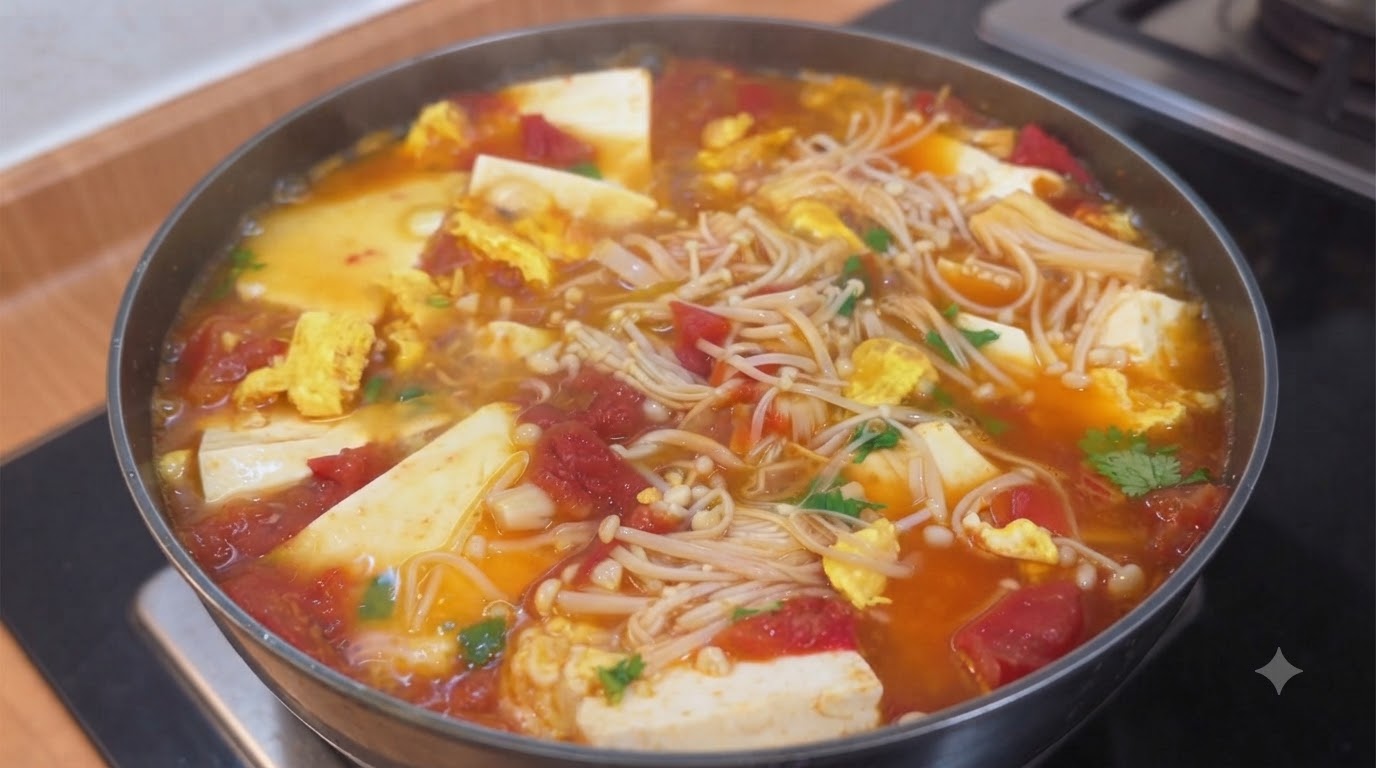 10-Minuten Tomaten-Tofu-Suppe mit Enoki-Pilzen