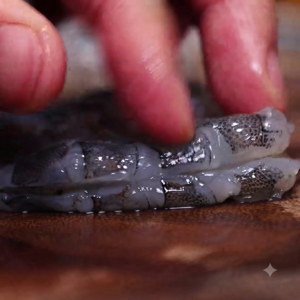 Nahaufnahme von Fingern, die leicht auf ein Stück weißen Tintenfisch drücken, das auf einem Holzschneidebrett eingeschnitten wird.