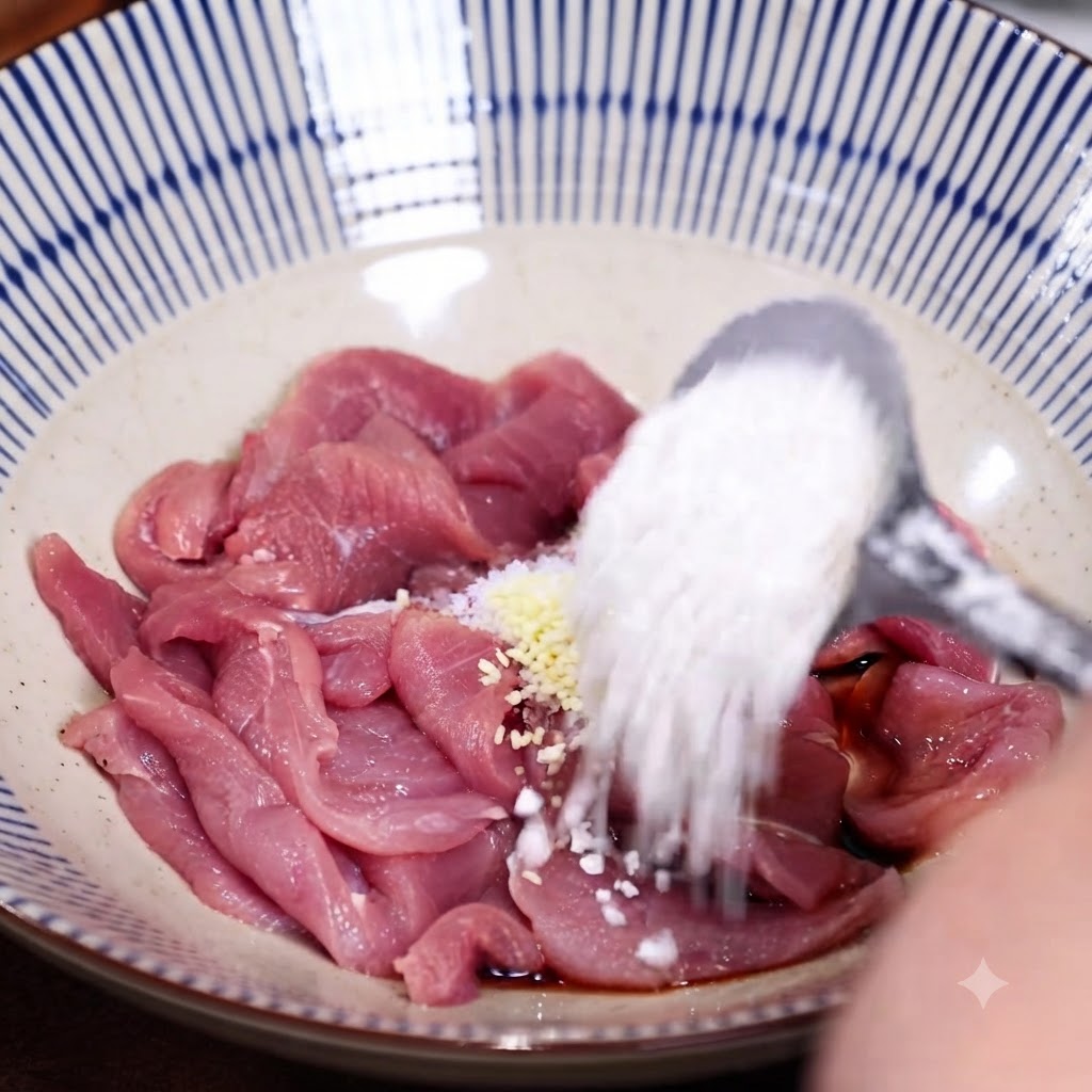 Ein Löffel weiße Stärke wird in eine Schüssel mit rohen Schweinefleischscheiben, gehacktem Knoblauch und Sojasauce gegossen.