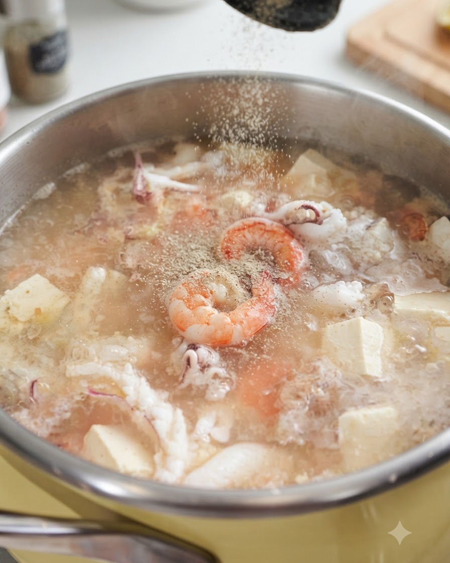 Weißes Pfefferpulver wird in einen Topf mit aktiv blubbernder Meeresfrüchtesuppe mit Garnelen, Tintenfisch und Tofu gestreut.