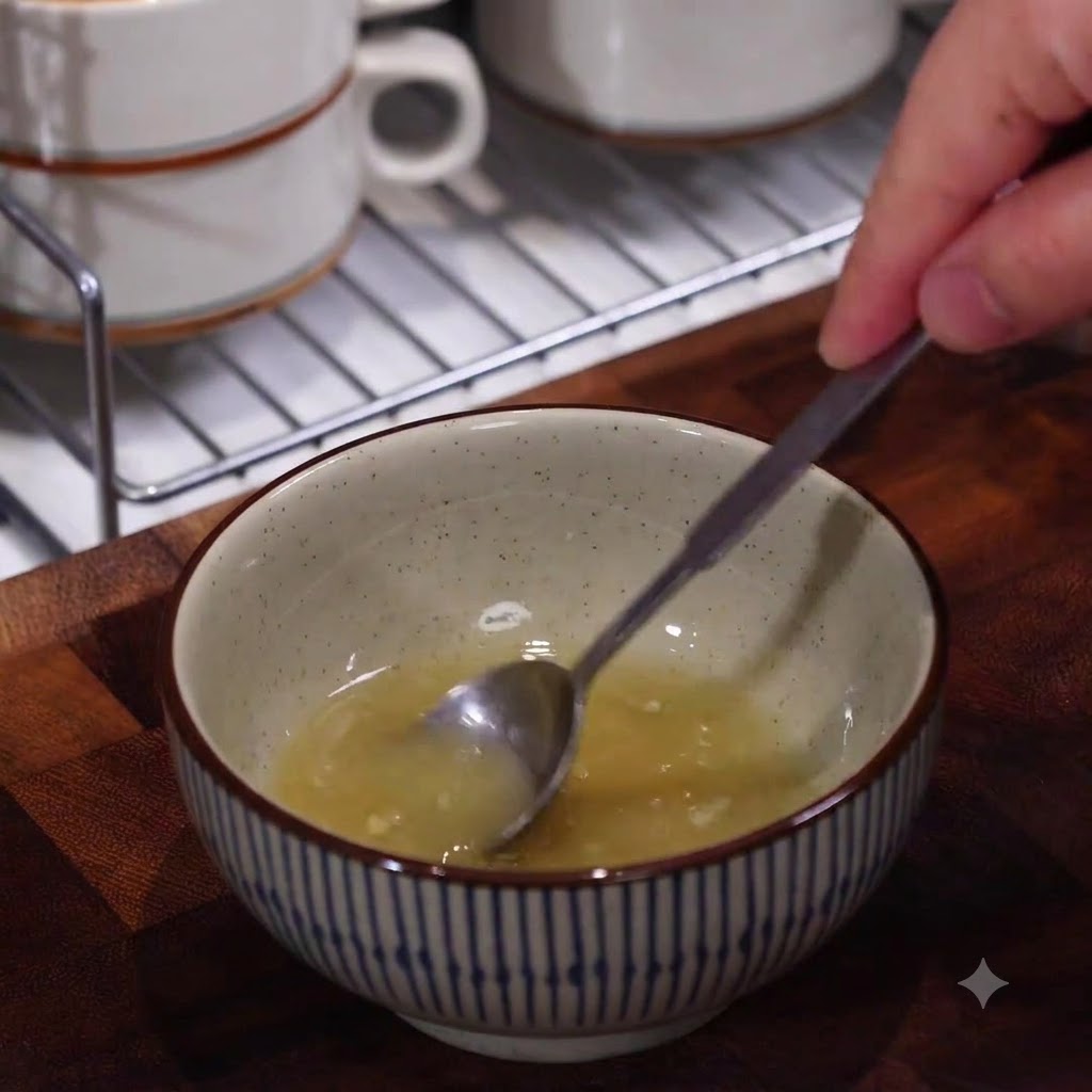 Eine Hand rührt mit einem kleinen Löffel eine Mischung aus Mehl, Öl und Wasser in einer kleinen Keramikschüssel um.