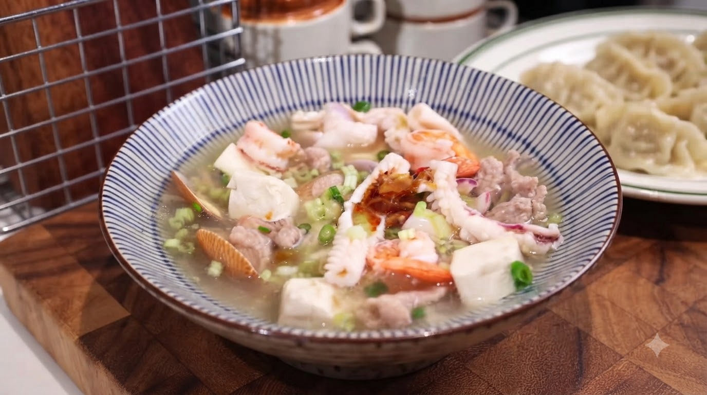 Minnan Meeresfrüchtesuppe mit knusprigen Eisblumen-Dumplings