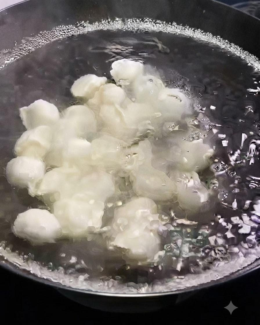 Nahaufnahme von frischen weißen Teigtaschen, die in einem Topf mit kochendem Wasser garen.