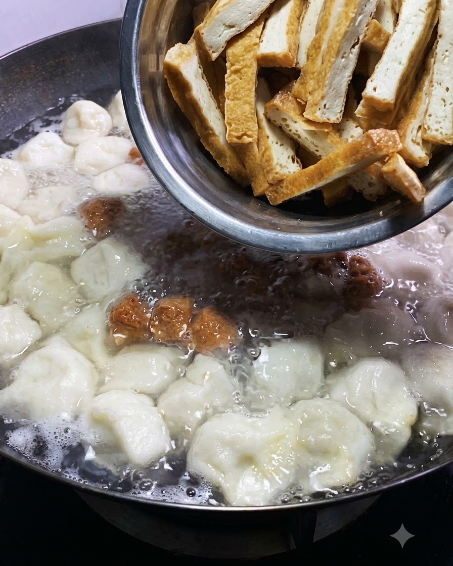 Streifen aus goldenem, frittiertem Tofu gleiten aus einer Metallschüssel in den blubbernden Topf.