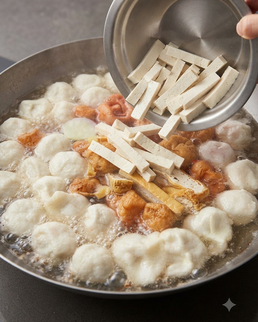Eine Metallschüssel gibt ordentlich geschnittene Stifte aus frischem weißem Tofu in die Suppe.