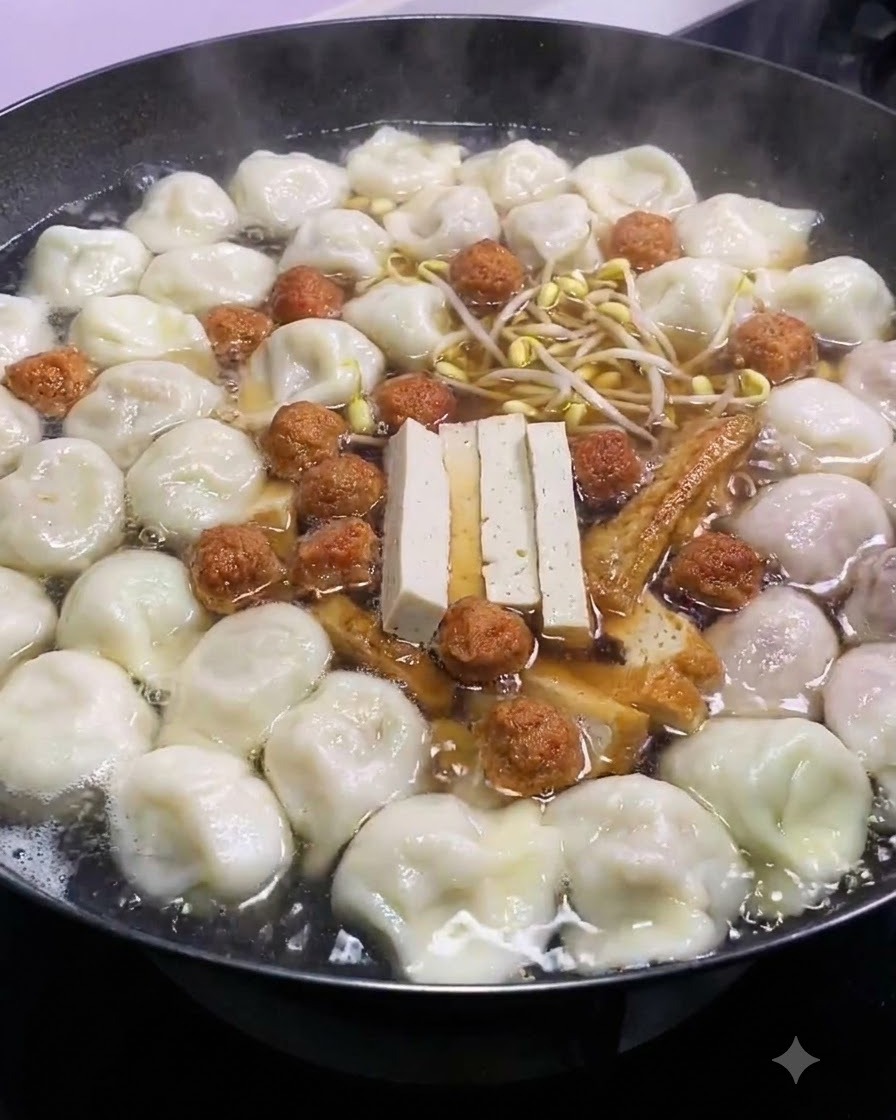 Frische gelbe Sojasprossen in der Mitte eines vollen Topfs mit Suppe, Tofu und Fleischbällchen.