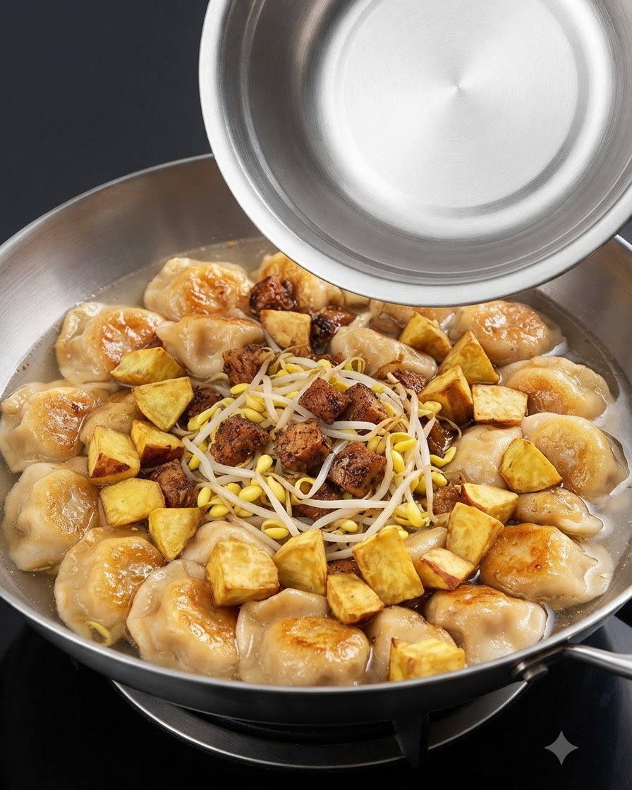 Goldene, gewürfelte frittierte Süßkartoffeln auf der simmernden Suppe, während ein Metalldeckel gehoben wird.