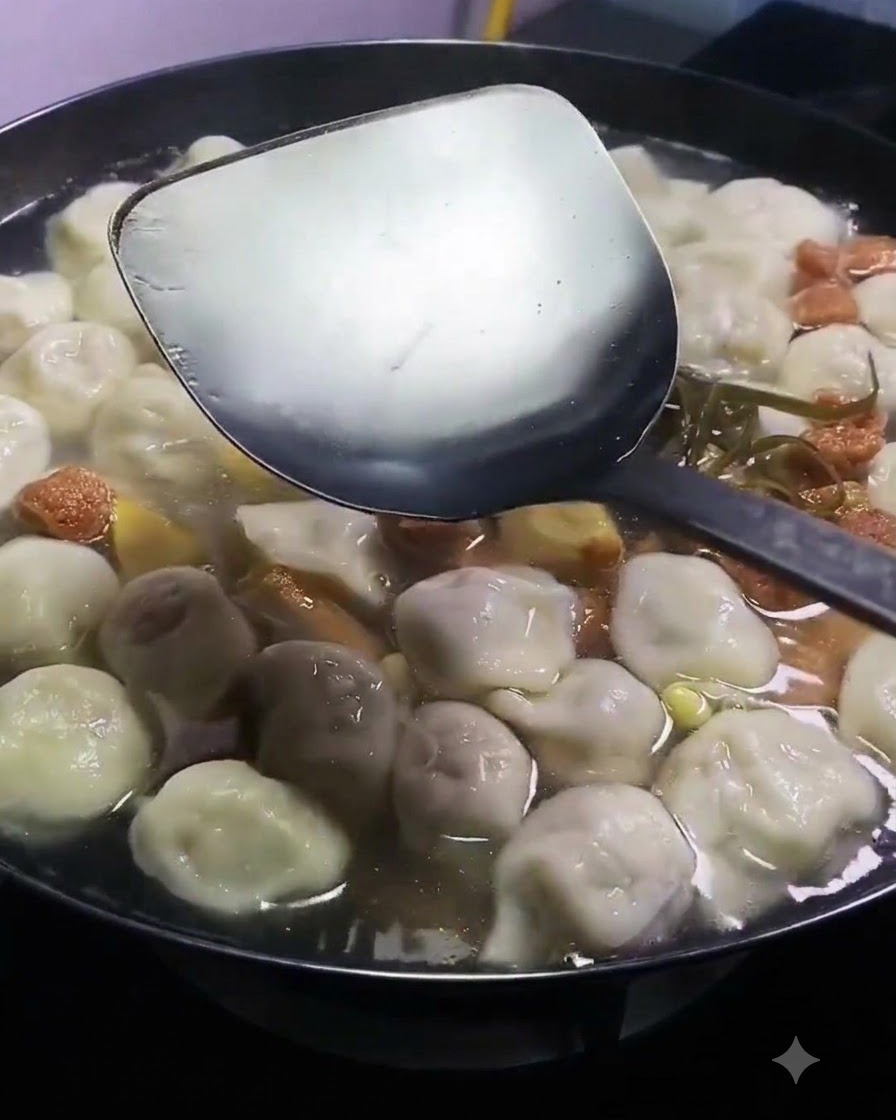 Eine Kelle gießt helle Sojasauce in den simmernden Topf mit Teigtaschen, Fleisch und Tofu.