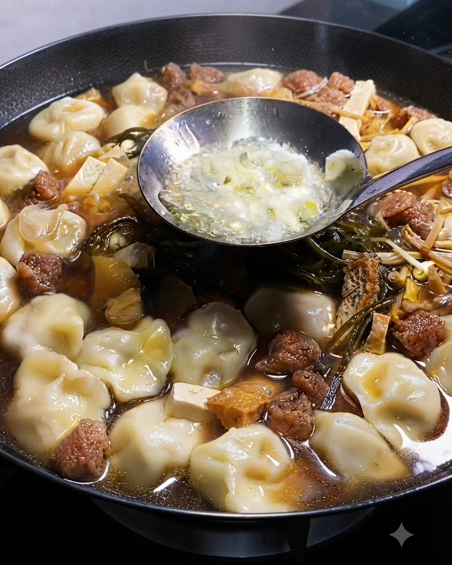 Eine Kelle mit heißem Öl, gehackten Frühlingszwiebeln und Knoblauch wird in die Brühe gegossen.
