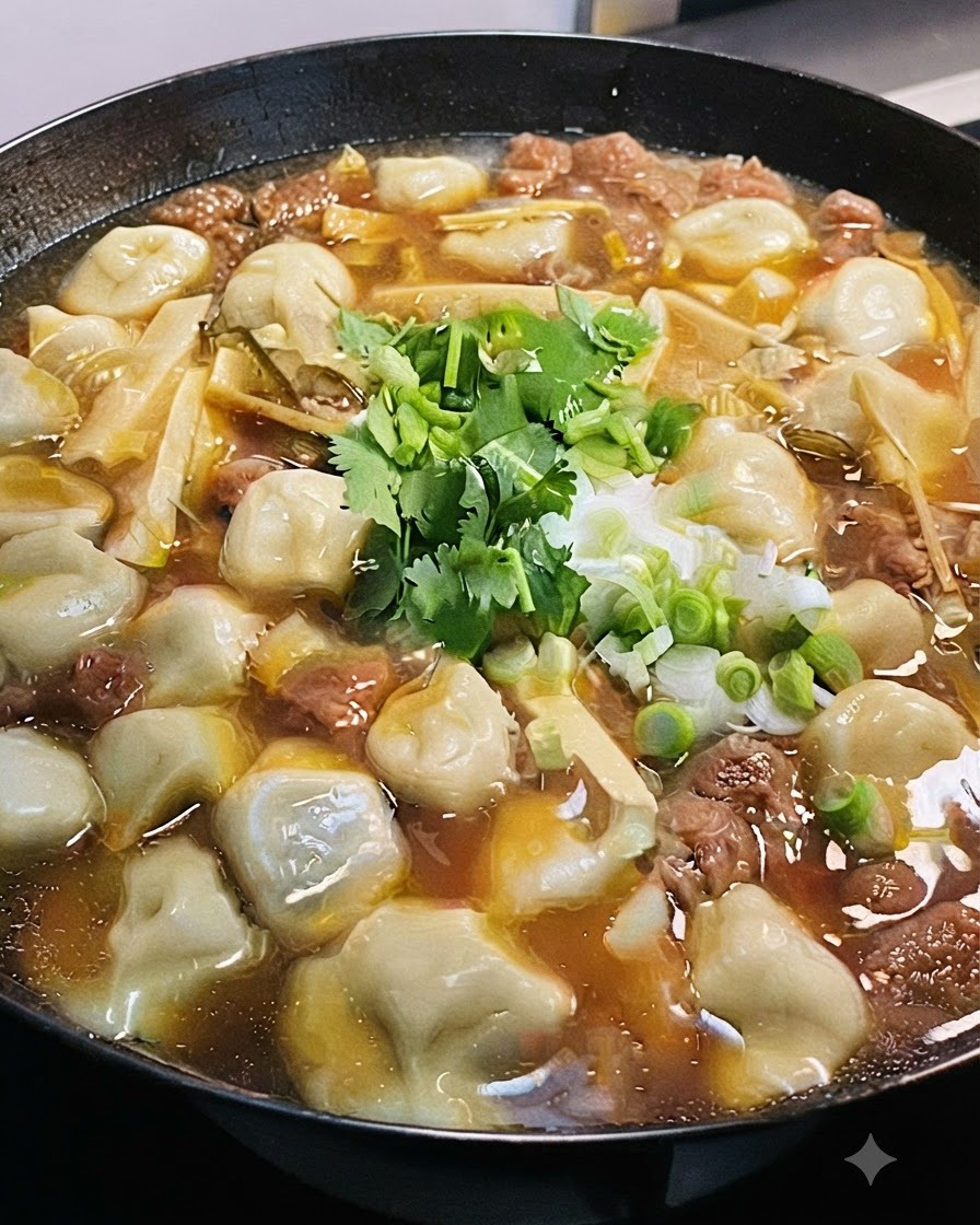 Frisch gehackter Koriander und Frühlingszwiebeln auf der gekochten Teigtaschensuppe.