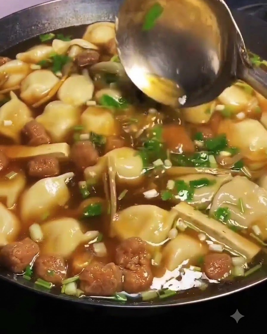 Eine große Kelle rührt die fertige Teigtaschensuppe im Wok vorsichtig um.