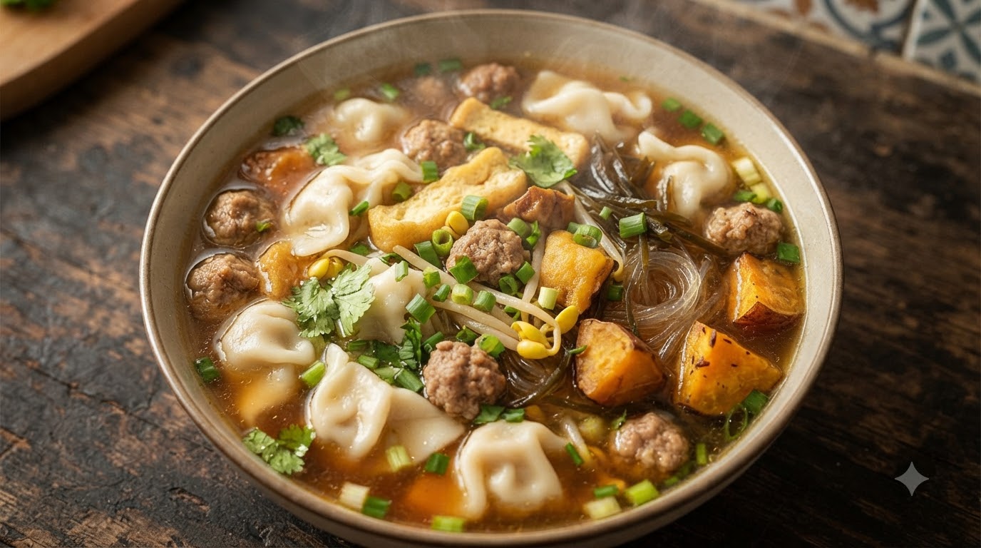 Herzhafte chinesische Teigtaschensuppe mit Fleischbällchen und Tofu