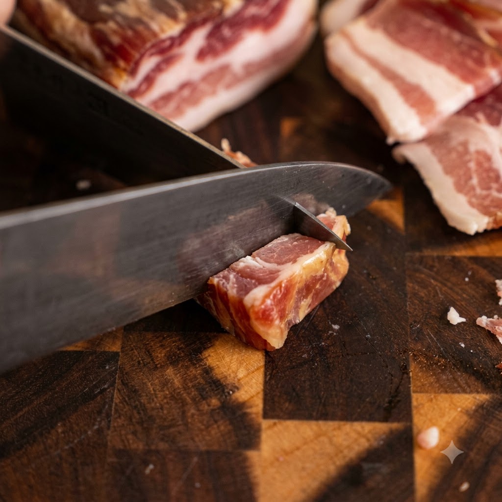 Ein Küchenmesser schneidet ein dickes Stück Speck auf einem Holzschneidebrett.