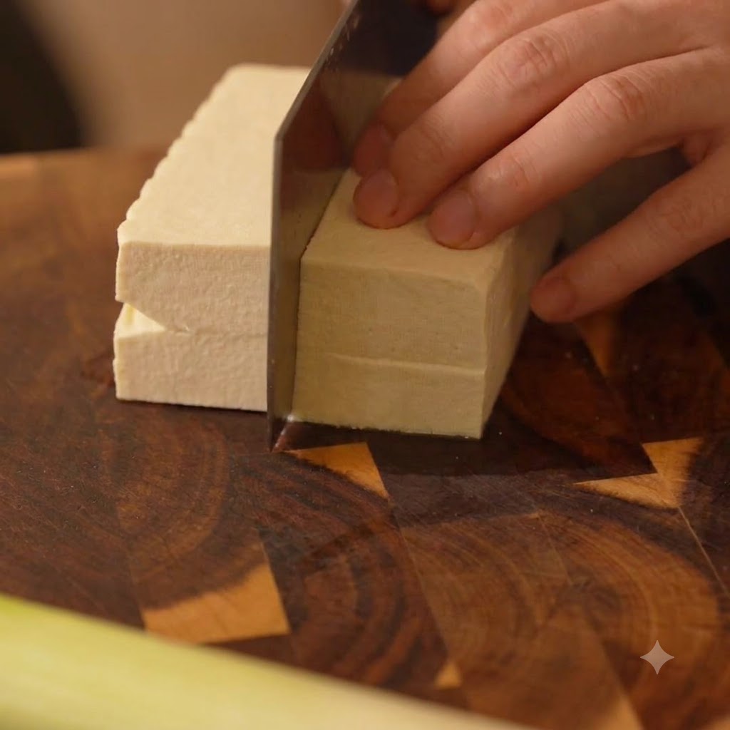Eine Hand führt ein Messer, um einen Block weißen Tofu auf einem Holzschneidebrett in kleine Würfel zu schneiden.