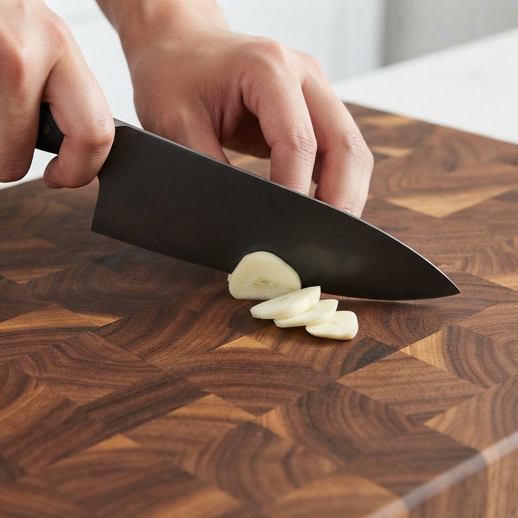 Knoblauchzehen und weiße Zwiebel werden mit einem Küchenmesser auf einem Holzschneidebrett zerkleinert.