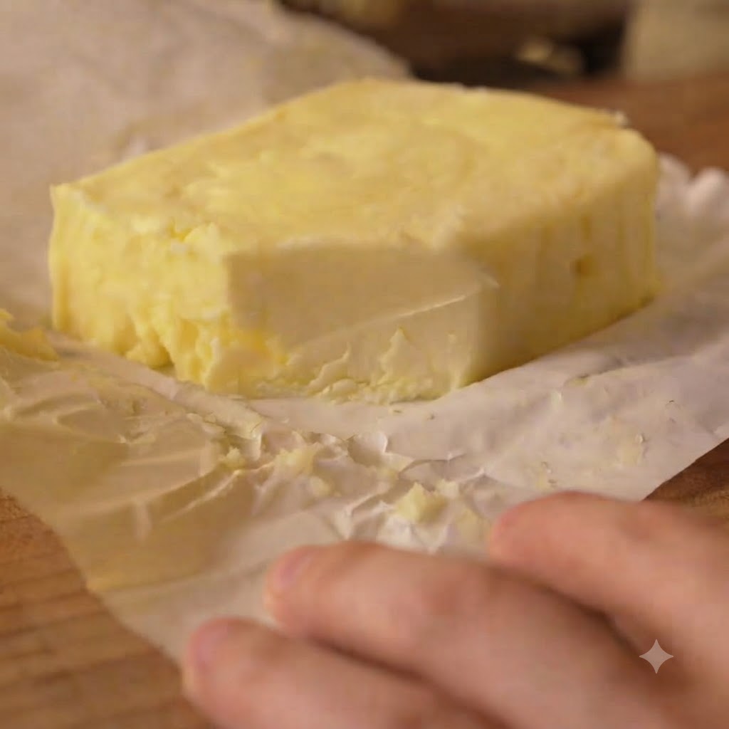 Nahaufnahme eines kleinen Butterstücks auf dem Verpackungspapier neben einem Kochtopf.