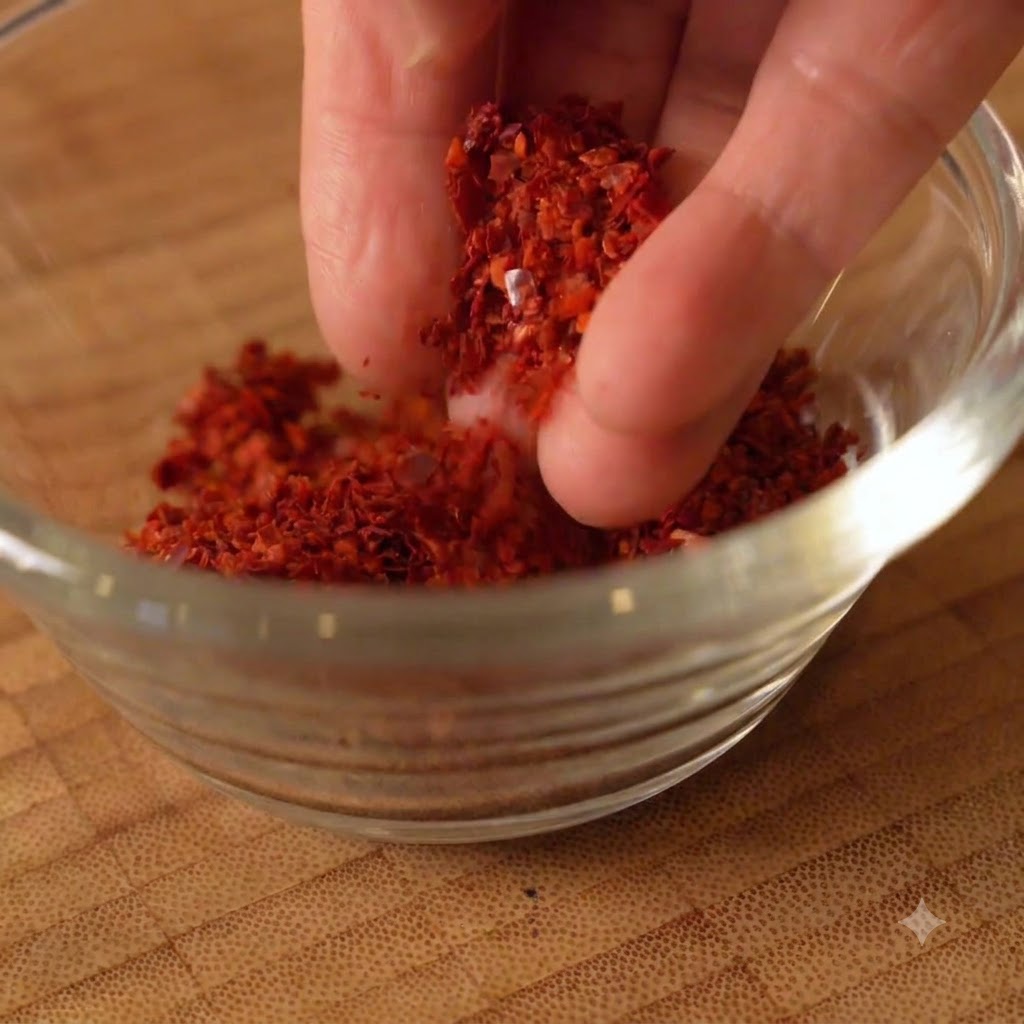 Eine Hand hält eine Prise rote Chiliflocken über eine kleine Glasschüssel.