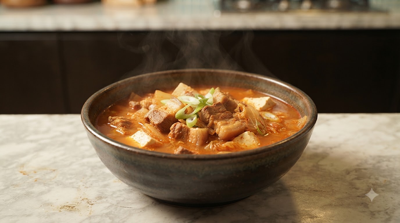 Scharfe Tofu-Kimchi-Suppe mit Schweinebauch