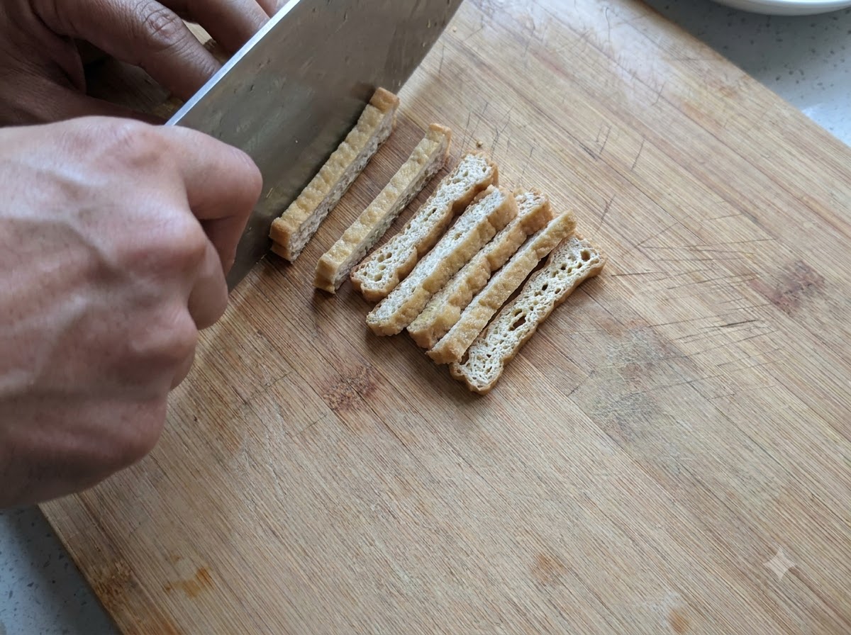 Ein Paar Hände schneidet gebratenen Tofu mit einem Messer auf einem Holzbrett in dünne Streifen.