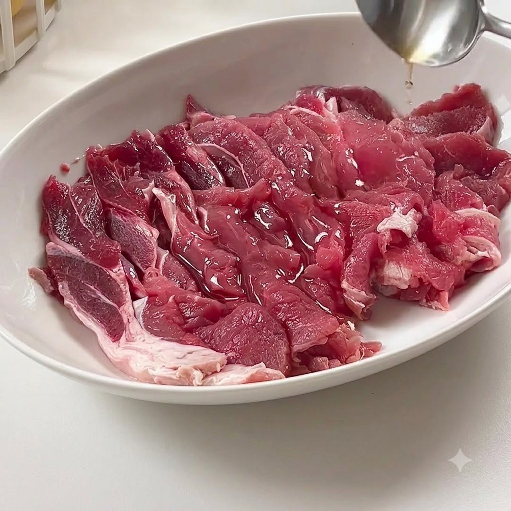 In Scheiben geschnittenes rohes Rindfleisch auf einem weißen Teller, das mit verschiedenen Saucen von einem Löffel beträufelt wird.
