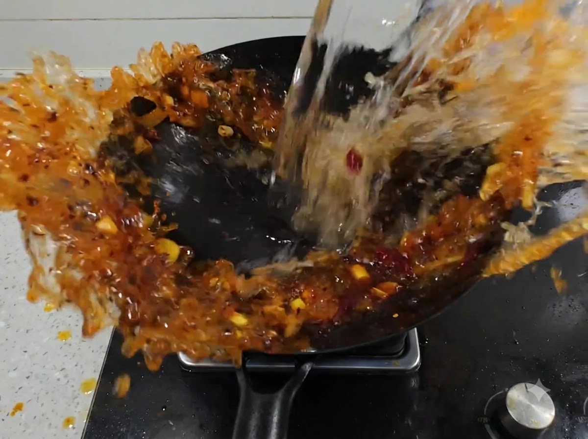 Wasser wird aus einer Karaffe in einen Wok gegossen, der mit brutzelnder scharfer Chilipaste und Aromaten gefüllt ist.