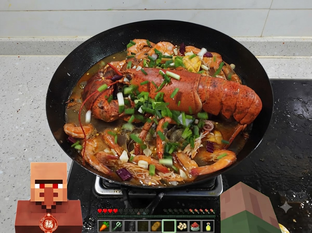 Ein großer Wok gefüllt mit gekochtem Hummer, Garnelen und Meeresfrüchten, gekrönt von einer großzügigen Schicht gehackter grüner Zwiebeln.