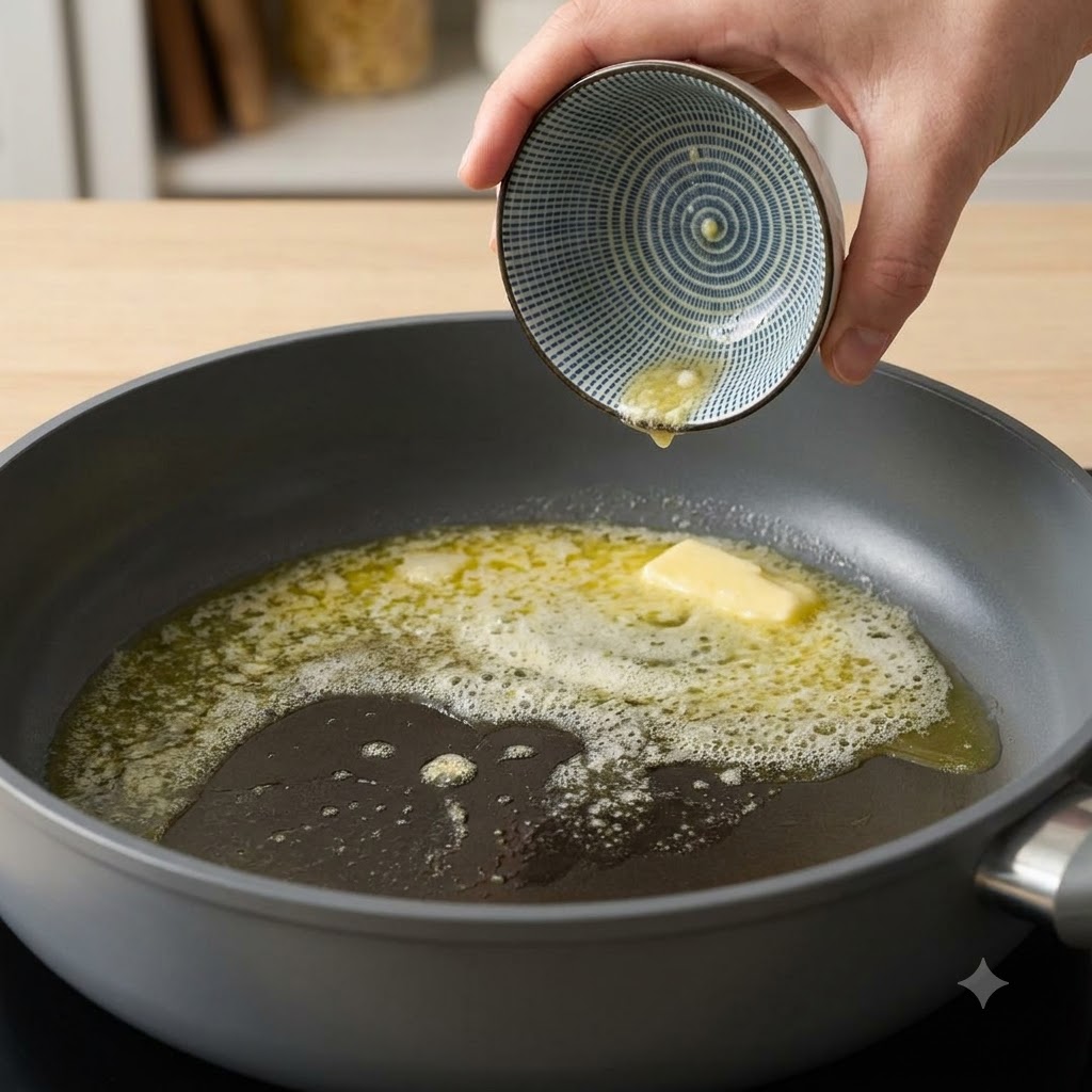 Eine kleine Schüssel gibt gehackten Knoblauch in die schmelzende Butter in einem Topf.