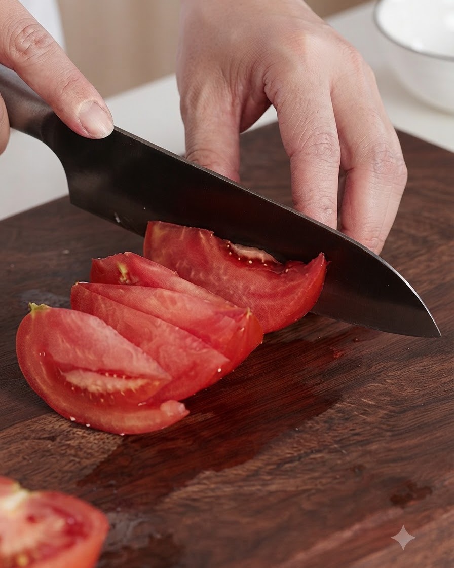 Frische rote Tomaten werden auf einem Holzschneidebrett mit einem Messer in dicke Spalten geschnitten.
