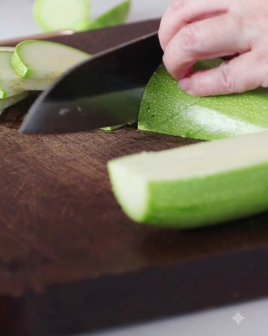 Eine grüne Zucchini wird auf einem Holzschneidebrett in Halbmonde geschnitten.
