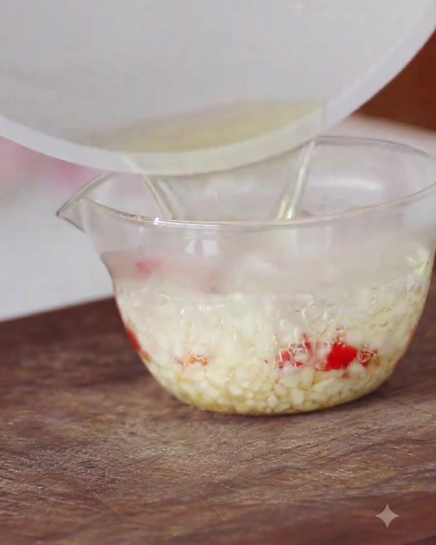 Heißes Öl wird in eine Glasschüssel mit gehacktem Knoblauch und gehackten roten Chilis gegossen, wobei Dampf und Zischen entstehen.
