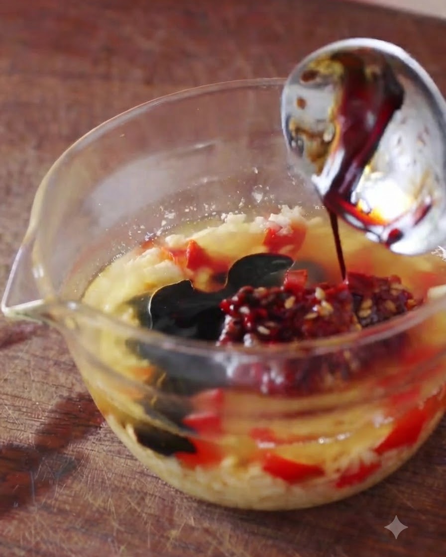 Dunkle Sojasauce und Gewürze werden von einem Löffel in eine Glasschüssel mit Knoblauch und Chili gegossen und zu einer dicken Sauce vermischt.